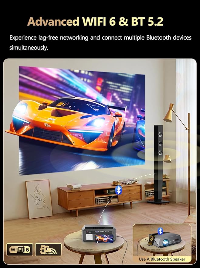 Smart Daytime 4K Projector HDR 2300ANSI with WiFi, Bluetooth, NFC, Apps, Auto Focus/Keystone,Ultra HD 1080P Movie Gaming Karaoke Projector with 2 HDMI ARC, 2 USB, 2 Mics for Home Theater Party TV Golf
