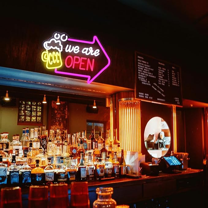 We Are Open Bar Neon Sign Beer Neon Lights Open with Arrow LED Signs for Wall Dimmable Bar Neon Light Up Sign for Man Cave Pub Restaurant Tavern Hotel Business Shop Decor 16.5 x 11.8 Inch