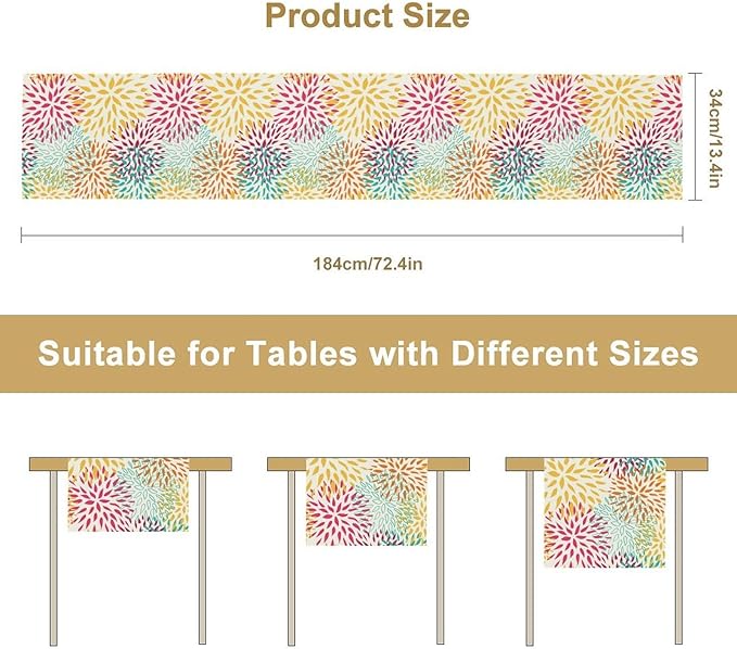 Abstract Flowers Table Runner, Chrysanthemum Dahlia Vintage Modern Colorful Spring Summer Elegant Table Runner for Party Kitchen Dining Living Room Laundry Room Decor, 13x120 Inch