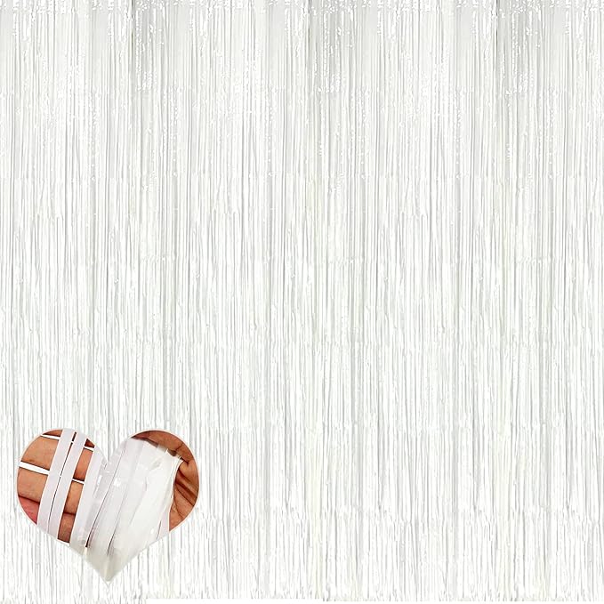 4 Pack White Fringe Curtain Backdrop, 3.2Ft x 6.6Ft Metallic Tinsel Foil Fringe Streamers Background for Photo Booth Birthday Wedding Baby Shower Carnival Easter Mother’s Day Party Decorations
