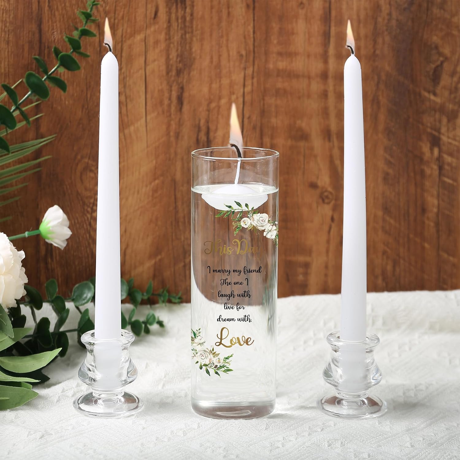Unity Candles with Glass Holder for Wedding Ceremony - Unity Candles for Wedding, Religious Ceremony Ideas Marriage Decoration Accessories Set for Newly Couple Anniversary Church (Flower)