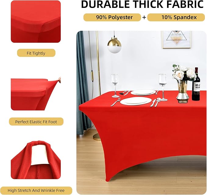 6-Pack 6ft Red Spandex Table Covers for Rectangle Standard Folding Tables - Wrinkle Resistant Stretch Tablecloths - Ultimate Fitted Table Protector for Parties, Trade Shows, Wedding
