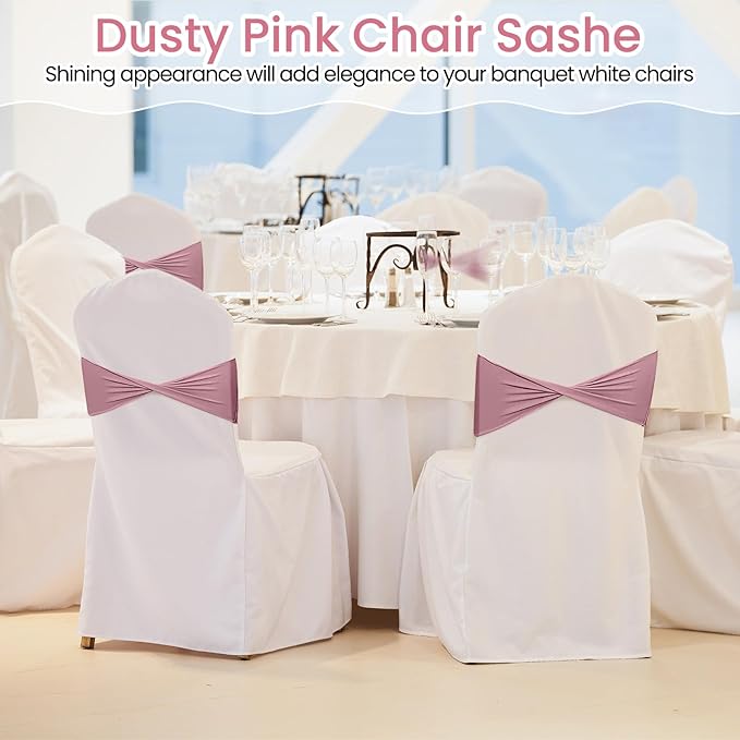 Kinlop 50 Pcs Spandex Chair Sashes Bows Chair Bands Slider Sashes for Covers Elastic Bands Ties Without Buckle Decorations for Wedding Party Events Ceremony Birthday(Dusty Pink)
