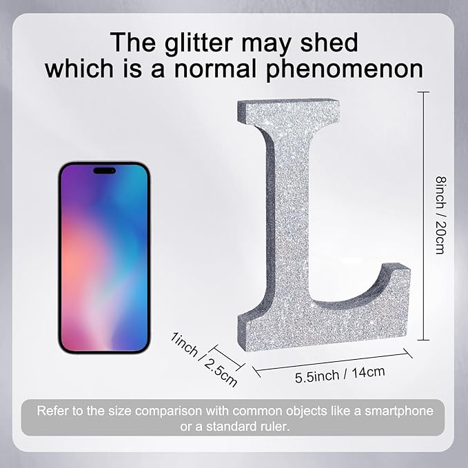 TONIFUL 8 Inch Silver Glitter Letter L Table Centerpiece A-Z Silver Birthday Party Decorations,Silver Alphabet L for Birthday,Chrismas,Graduation,Bridal Shower,Wedding,Anniversary Party Supplies