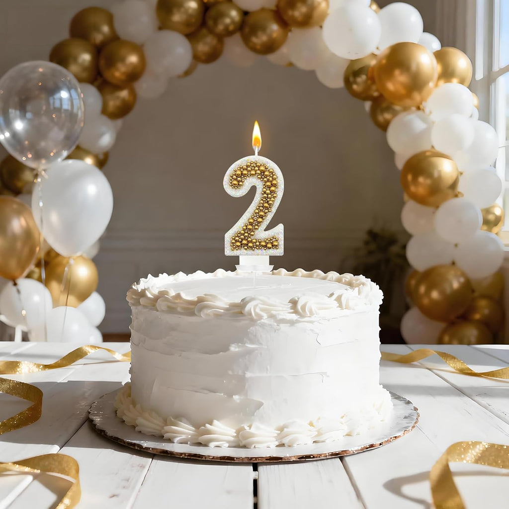 2 Birthday Number Candle for Cake, Glitter Number Candle with Gold Beads, Decorative Cake Topper for Milestone Celebrations