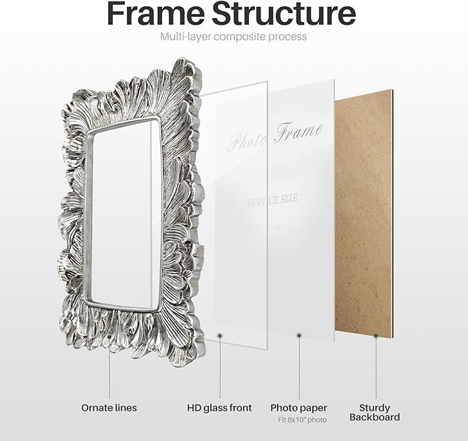 Cuspin 8x10 Picture Frame Silver, Vintage Silver Palm Leaves Textured Hand-Crafted Resin with Glass Front, Elegant Retro Design Photo Frame for Wall and Tabletop Display Home Decor