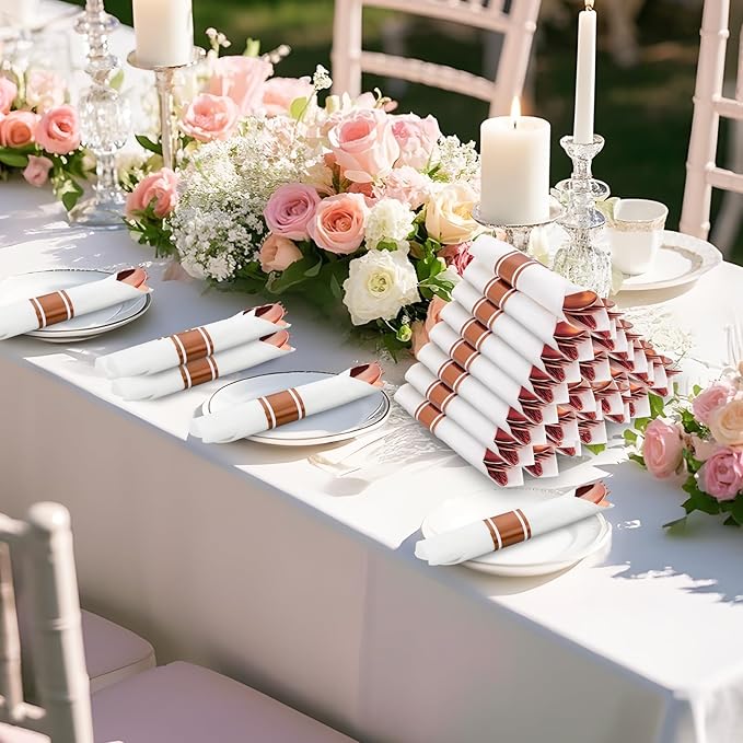 50Guests Pre Rolled Rose Gold Plastic Silverware Sets - Heavy Duty Rose Gold Cutlery - Include 50 Pack Wrapped Disposable Utensils with Napkins for Parties, Dinners & Weddings