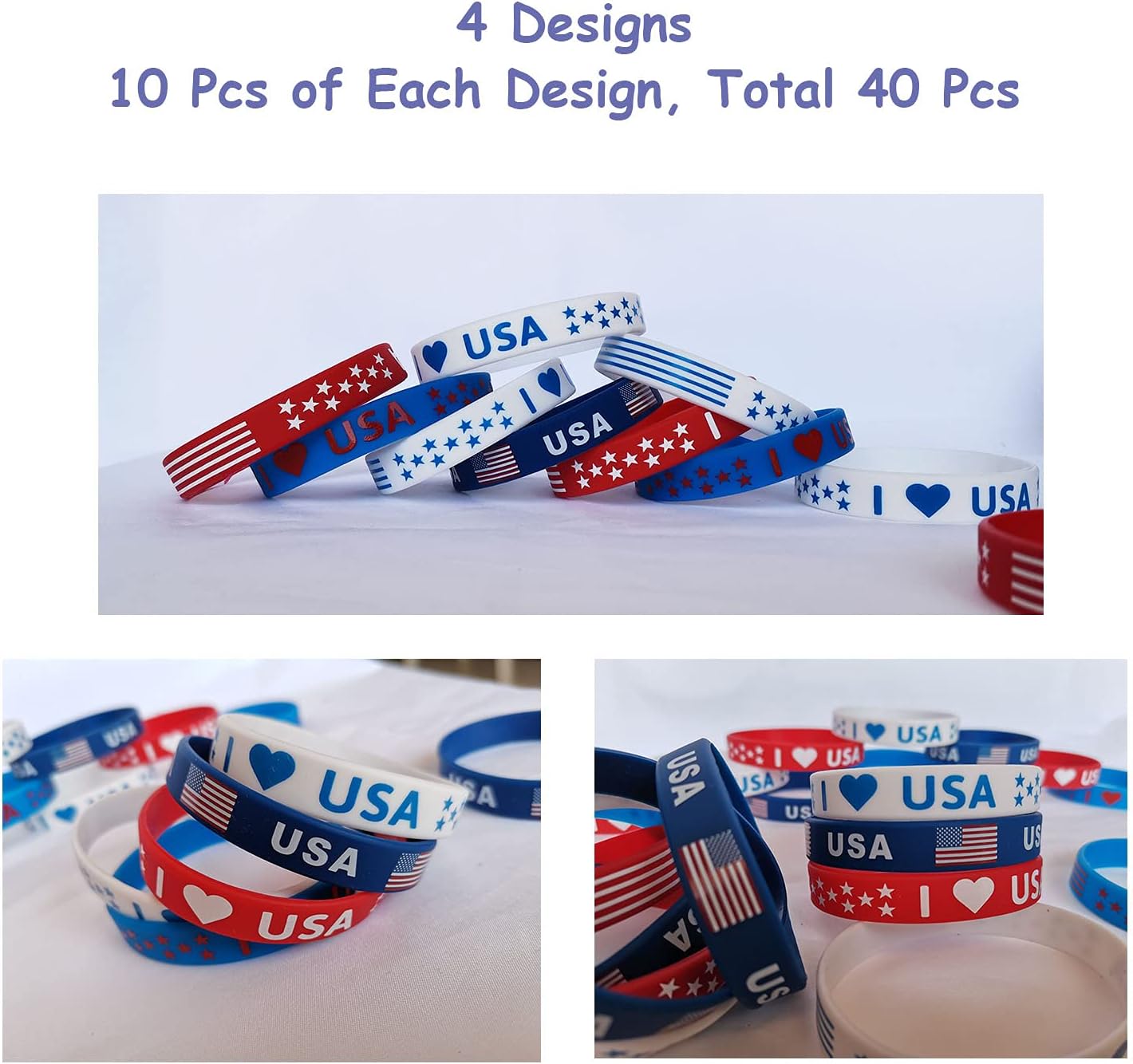 JAKADYUKS American Flag Silicone Bracelet 40Pcs, Fourth 4th of July Patriotic Party Favors, Memorial Day Veterans Day Wristband, USA Red White and Blue Decorations
