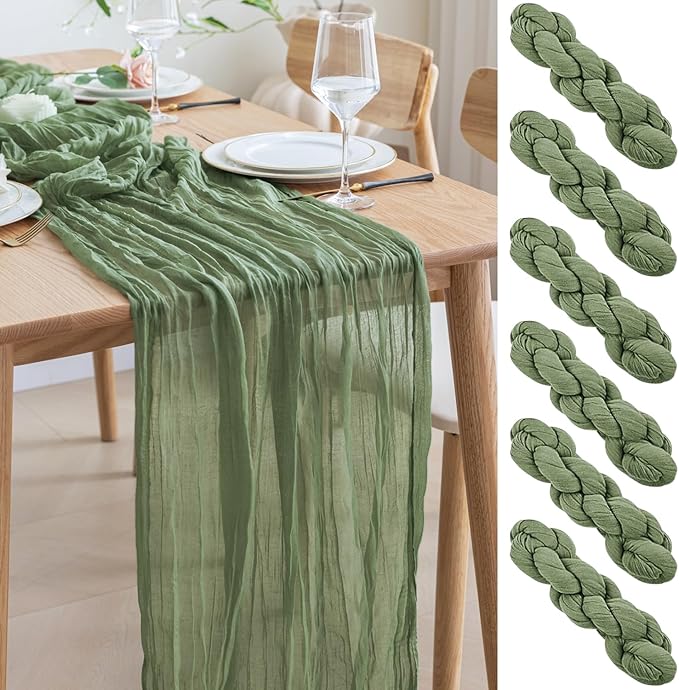 Asee'm 6pcs Cheesecloth Table Runner 120 Inches Sage Green Boho Gauze Cheese Cloth Runner 10FT Rustic Sheer Table Runners for Summer Wedding Baby Shower Holiday Party Decoration