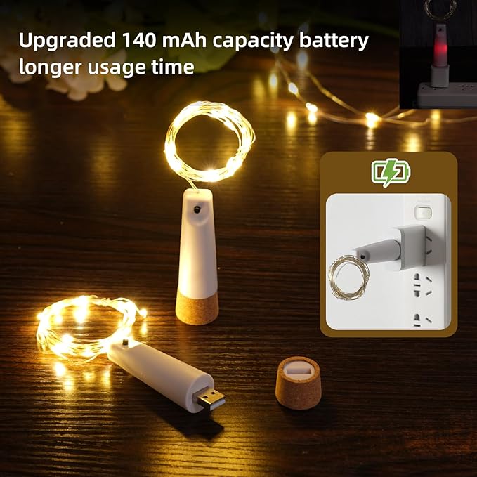 Wine Bottle Lights - 4 Pack Rechargeable Battery Operated 140mAh 20 LED Bottle Stoppers，8 Light Modes Switching,Perfect for Christmas, Weddings, Halloween, and More(Warm)