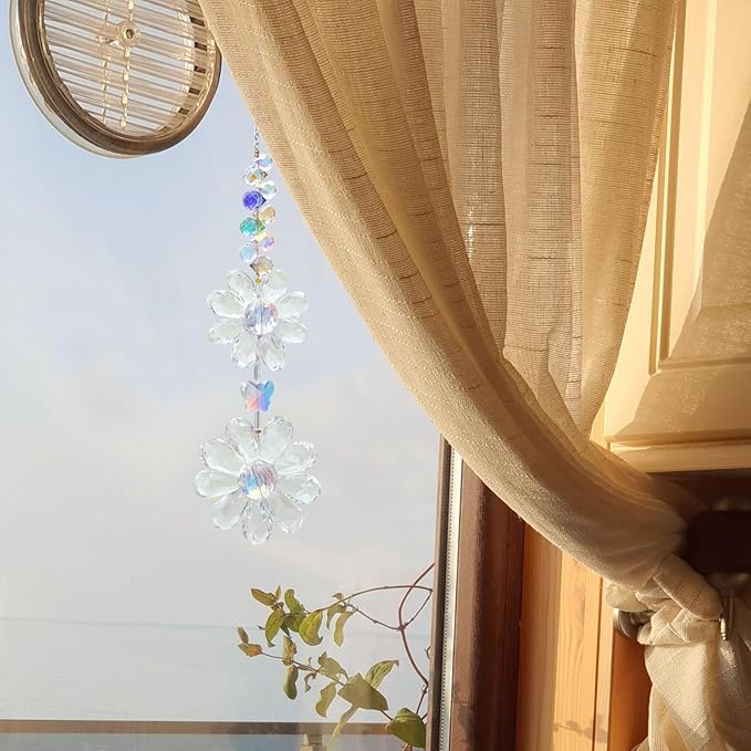 Crystal Flower Suncatcher Hanging Ornament, Rainbow Maker Window Sun Catcher Indoor Outdoor Patio Garden Decor (Clear)