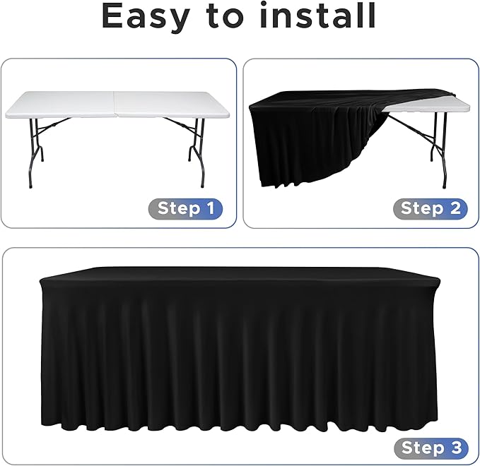 Nasitos Black Table Skirt for 8 Foot Rectangle Tables, 2 Pack - 96 x 30 Inch - Stretch Spandex Fitted Table Clothes, Fabric Table Covers Cocktail Tablecloths for Party, Banquet, Birthday