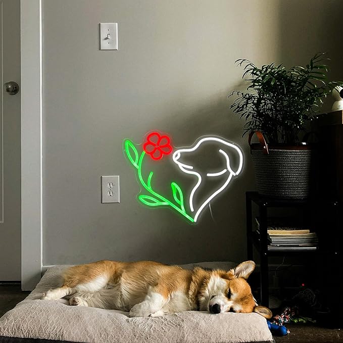 Cute Dog Neon Sign LED Flower Neon Light Suitable for Wall Decor Powered by USB Dimmable Love Dog Light Up Sign for Pet Shop Flower Shop Bedroom Gifts For Lover(15.7 * 12.4In)