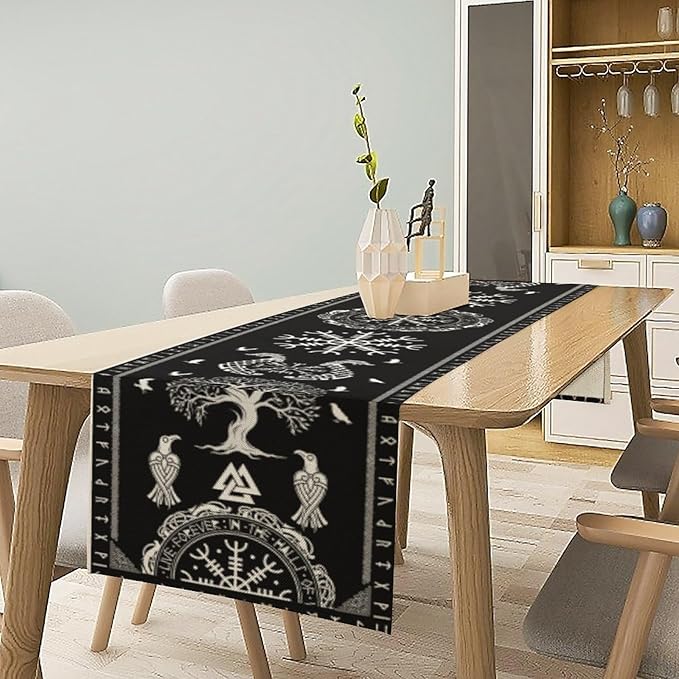 Ancient Abstract Pattern Table Runner, Tree of Life Eagle Dragon Boat Rudder Black and White Table Runner 13x70 Inch