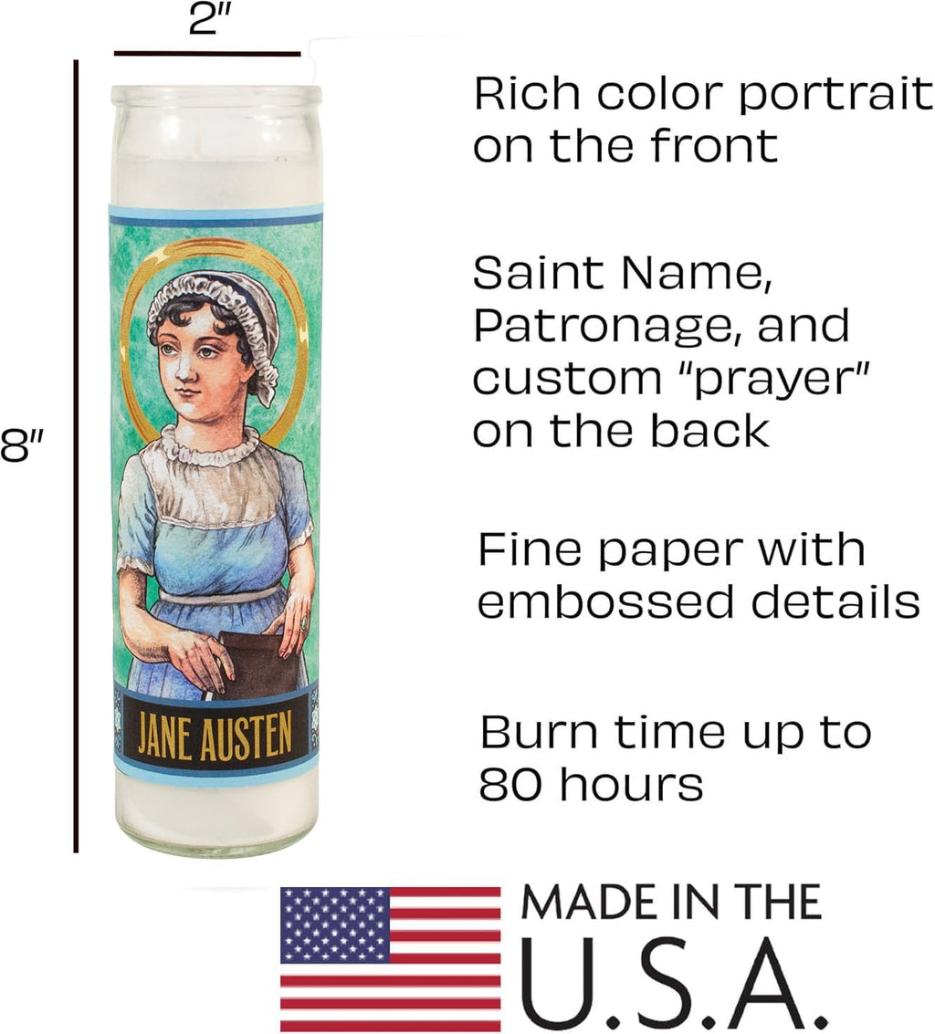 The Unemployed Philosophers Guild Jane Austen Secular Saint Candle - Unscented 8 Inch Tall Glass Prayer Votive, Made in the USA, Vegetarian Wax