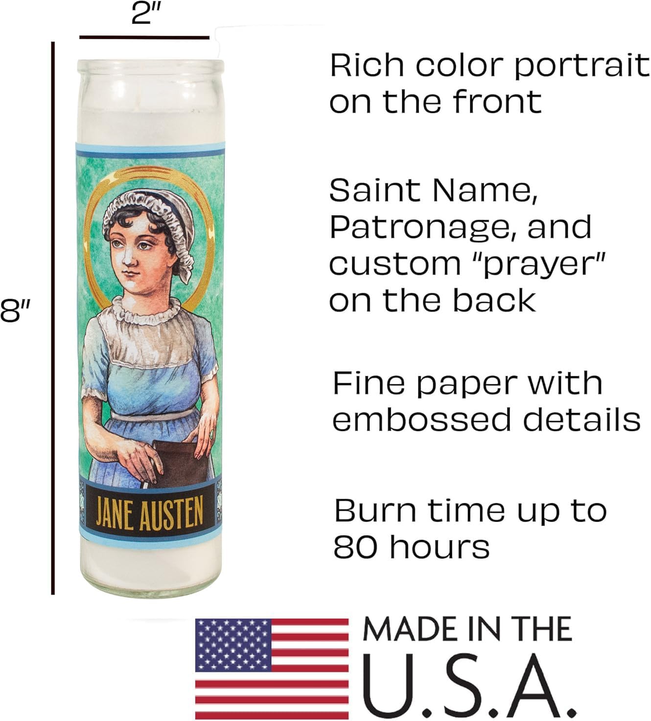 The Unemployed Philosophers Guild Jane Austen Secular Saint Candle - Unscented 8 Inch Tall Glass Prayer Votive, Made in the USA, Vegetarian Wax