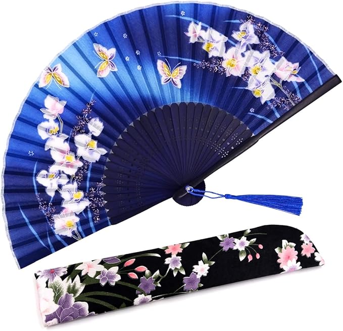 Amajiji Folding Hand Fan for Women, Chinese Japanese Vintage Style Bamboo Silk Hand Held Folding Fans for Party Wedding Dancing Decoration Gift Performance (AM-16)