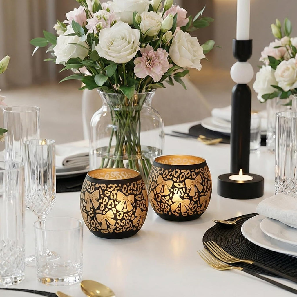 Leopard Candle Holder with Bow Set of 2, Black Gold Votive Tealight Candle Holders for Room Decor, Aesthetic Ribbon Votive for Wedding Centerpieces & Leopard Birthday Party Decorations
