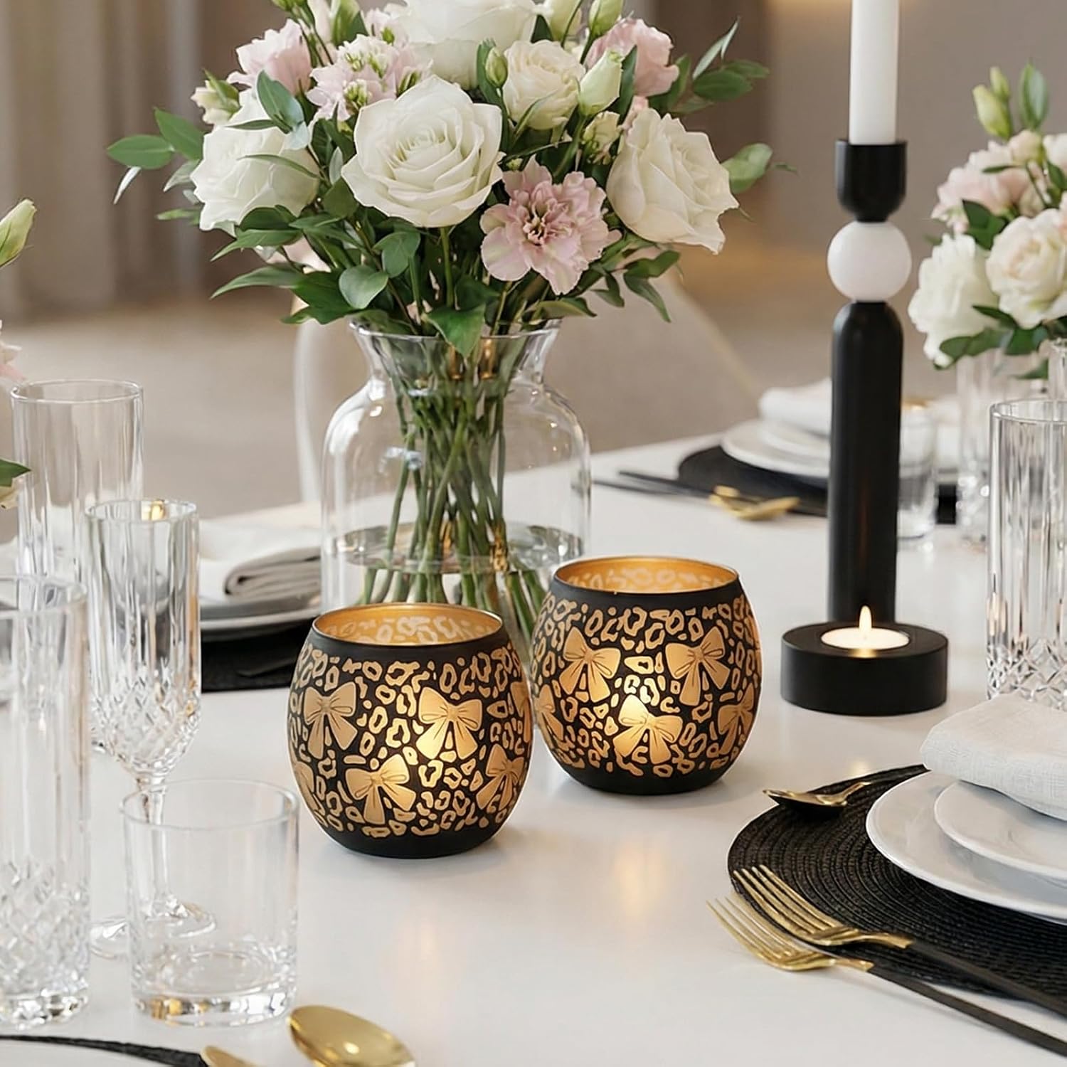 Leopard Candle Holder with Bow Set of 2, Black Gold Votive Tealight Candle Holders for Room Decor, Aesthetic Ribbon Votive for Wedding Centerpieces & Leopard Birthday Party Decorations