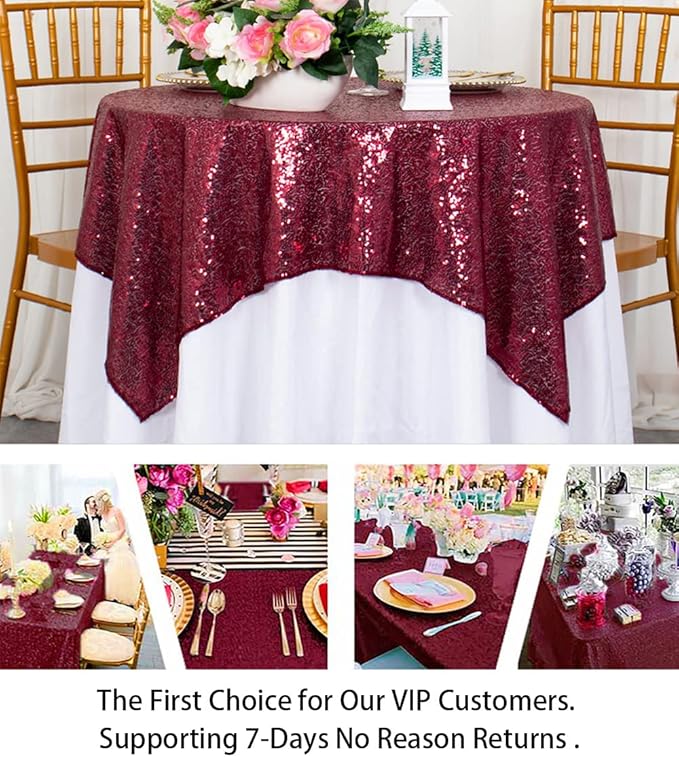 ShinyBeauty Sequin Tablecloth Wine Table Linen Burgundy Table Cover 36x36 Inches Table Overlays for Wedding Party Decor Small Square Tablecloth 36x36 for Round Tables