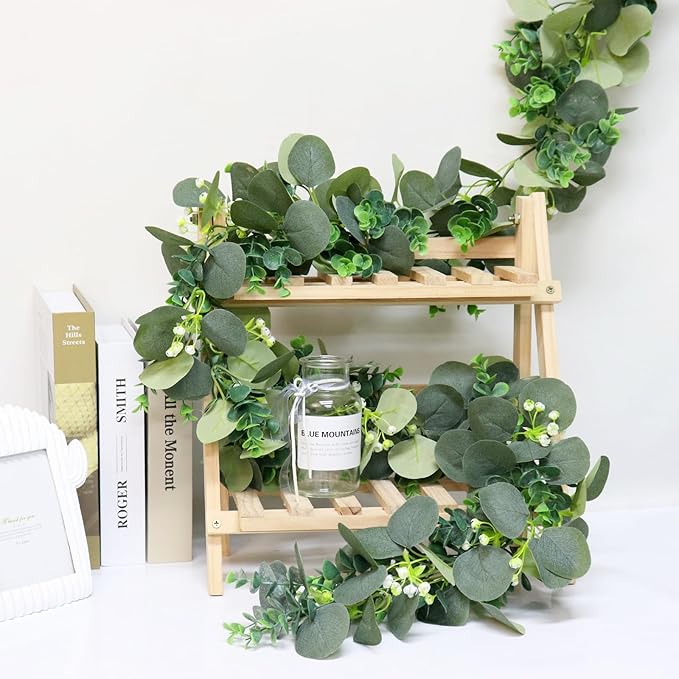 MAKHOT 2pcs Artificial Eucalyptus Garland, 5.9FT Greenery Garland Flower Spring Summer Green Garlands Vines Decoration, Fake Silver Dollar Eucalyptus Leaves Vines for Table Home Wedding Party Decor