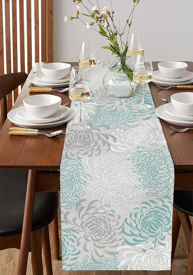 Auqa Chrysanthemum Cotton Linen Table Runner for Dining Kitchen, Wedding Outdoor Party Tablerunners Decoration, Farmhouse Floral Botanical Leaves Dresser Scarf Coffee Tablecloth Runners 13x120 Inches