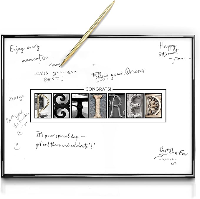 Framed Retirement Decorations Guest Book for Men 12"x16" Black Frame, Party Decor - including Gold Pen & Acrylic Glass - Happy Retirement Card Centerpieces, Retired Party Decor Gifts for Him