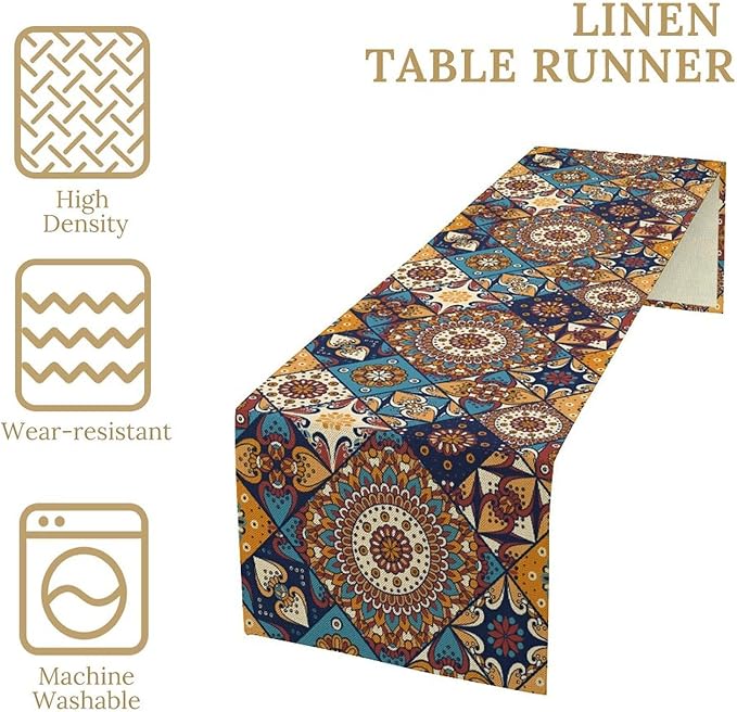 Vintage Mandala Table Runner, Bohemian Brown Blue Tile Traditional Indian Flowers Table Runner for Kitchen Dining Table Office Wedding Party Holiday Home Decor, 13x90inch