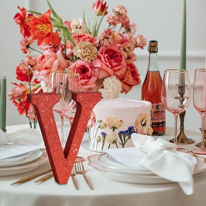 TONIFUL 8 Inch Red Glitter Letter V Table Centerpiece A-Z Red Birthday Party Decorations,Red Alphabet V for Birthday,Chrismas,Graduation,Bridal Shower,Wedding,Anniversary Party Supplies