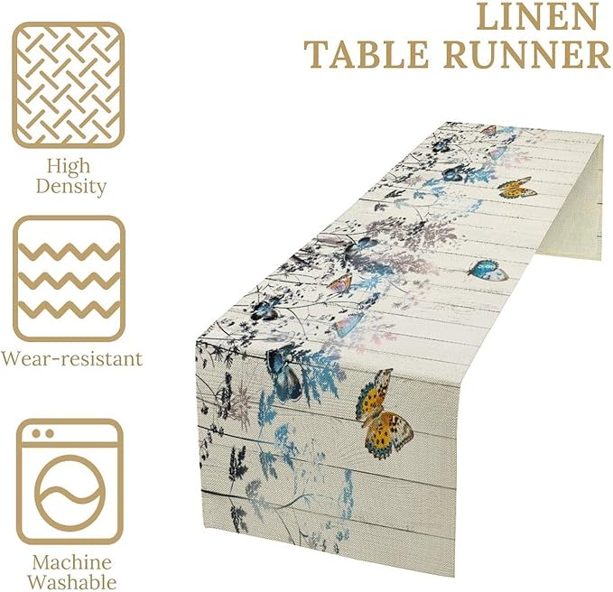 Nature Dandelion Table Runner,Rustic Floral Wood Plank Butterfly Girl Women Pattern Print Burlap Tablecloth for Hotel Indoors Outdoor Dining Room Kitchen Table Decor, 13x70in
