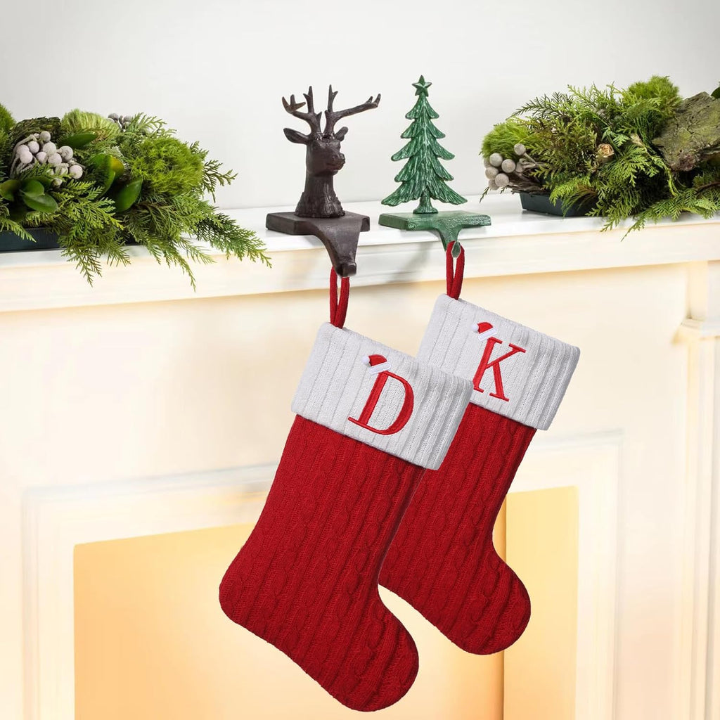 19.5 inch Red Knit Christmas Stockings,Personalized Embroidered Letter Christmas Stocking,Family Holiday Xmas Party Decor (Initial J)