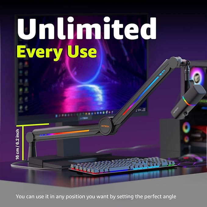 IXTECH RGB Mic Boom Arm High Profile, Overhead Boom Arm Microphone Stand Desk Mount, Adjustable Microphone Stand with Desk Mount, Mic Arm for Live Streaming Gaming Podcasting Recording.