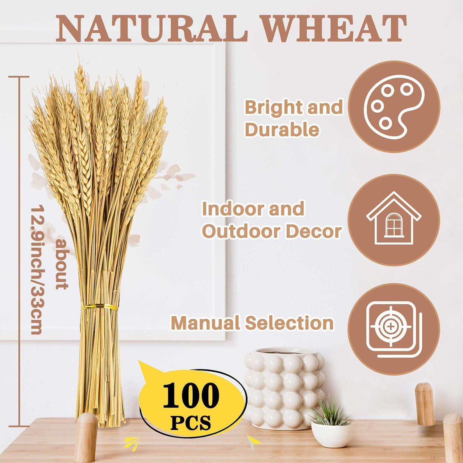 Sukh 100 Stems Dried Wheat Stalks - Boho Fall Decor for Home & Wedding | Natural Wheat Sheaves, Ideal Vase Filler, Table Centerpiece for Thanksgiving, Harvest, Autumn Farmhouse Accent, 12.9in