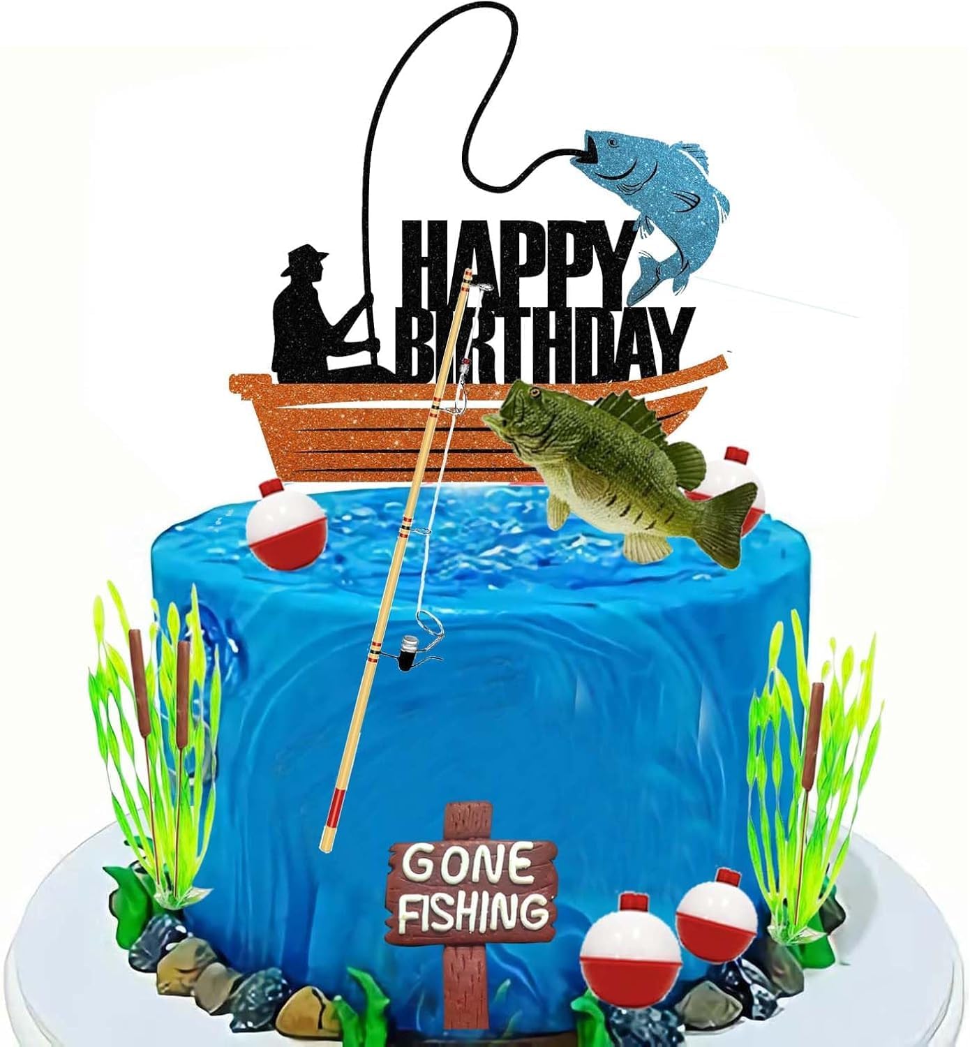 Fishing Cake Topper, Gone Fishing Cake Topper With Bass Reed For Fisherman Themed Decoration And Retirement Party Supplies