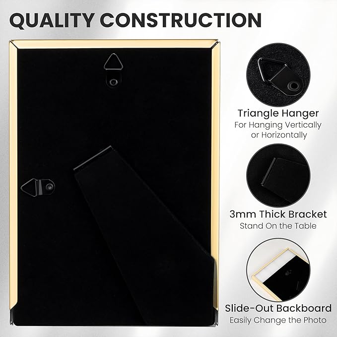Fun Memories 4x6 Picture Frame - 1pcs White Enamel Glass Photo Frame with Gold Metal Edge & Easel for Display Picture Frame on Countertops, Tabletops, Bookshelves, Desks, Walls (White/Gold)