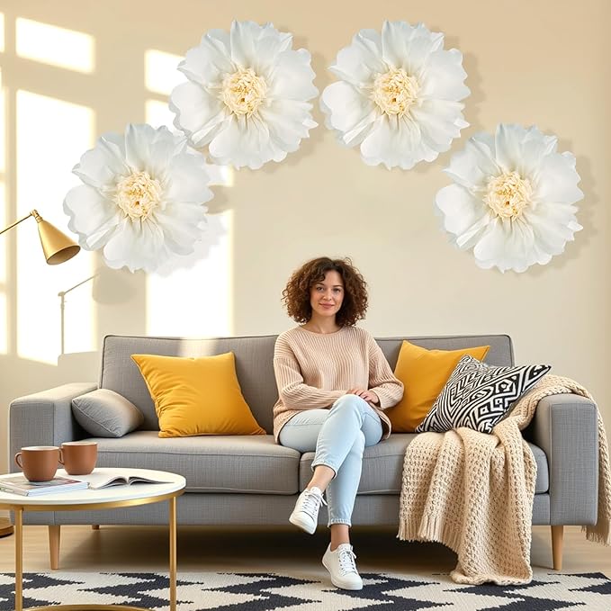 SUNBEAUTY 4 Pcs 20" White Giant Paper Flowers Large Crepe Tissue Artificial Paper Flowers Decorations for Wedding Party Wall Table Birthday Baby Shower Bridal Nursery Room Tea Party Backdrop Decor