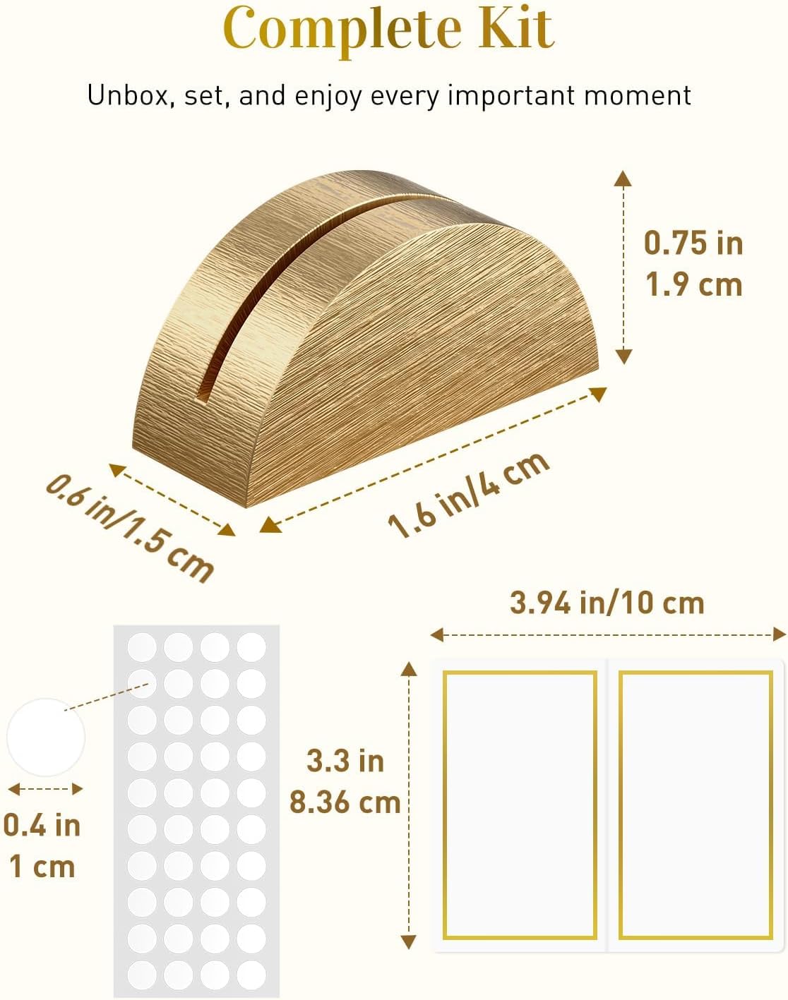 Uniclife 24 Pcs Place Card Holders for Wedding Party Tables | gold wood place card holders include 24 name cards and adhesive dots for wedding, birthday and party tables.