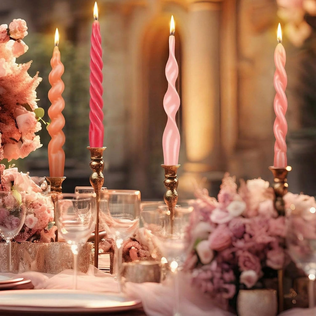 Nuanchu 4 Pcs Twisted Taper Candles Wax Unscented Smokeless Spiral Swirl Candlesticks for Wedding Holiday Dinner Party Home Decorations(7.87 Inch,Pure,Pink)