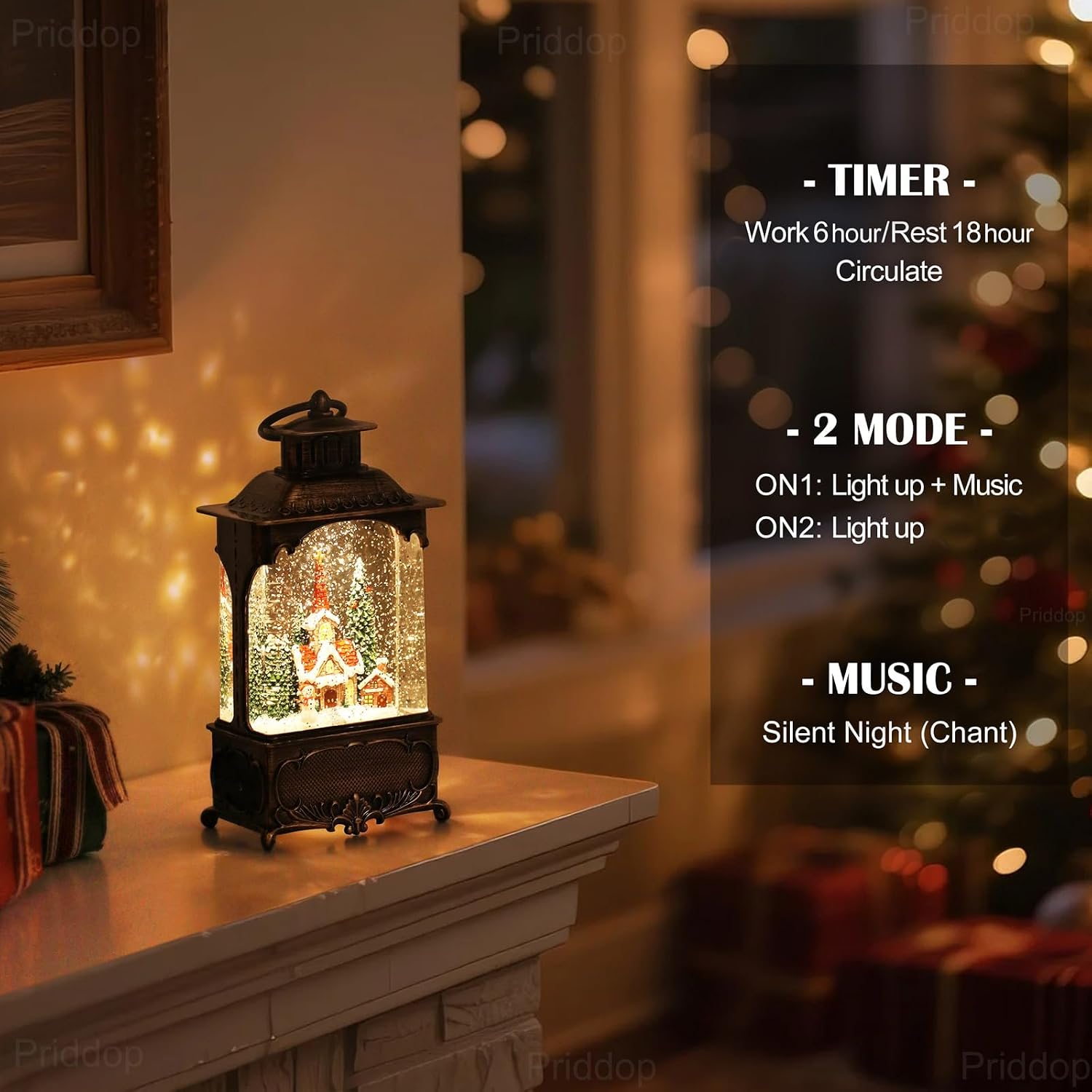 Priddop Church Snow Globe Christmas Decorations Gifts Snowman Cabin Cardinal Tree USB/Battery Timer Music Glitter Snowfall Lantern 10.2 inch