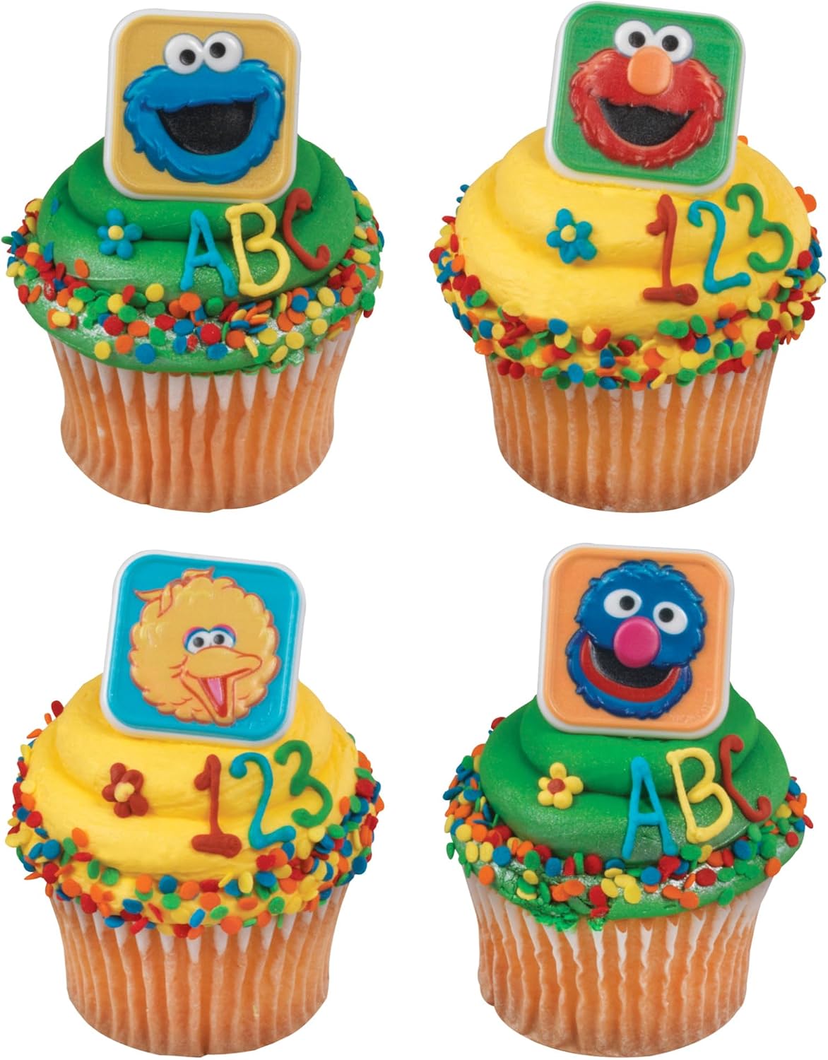 Sesame Street Rings, 24 Cupcake Toppers Featuring Elmo, Big Bird, Cookie Monster, Grover, Bright Colorful Cupcake Decorations, Food Safe - 24 Pack