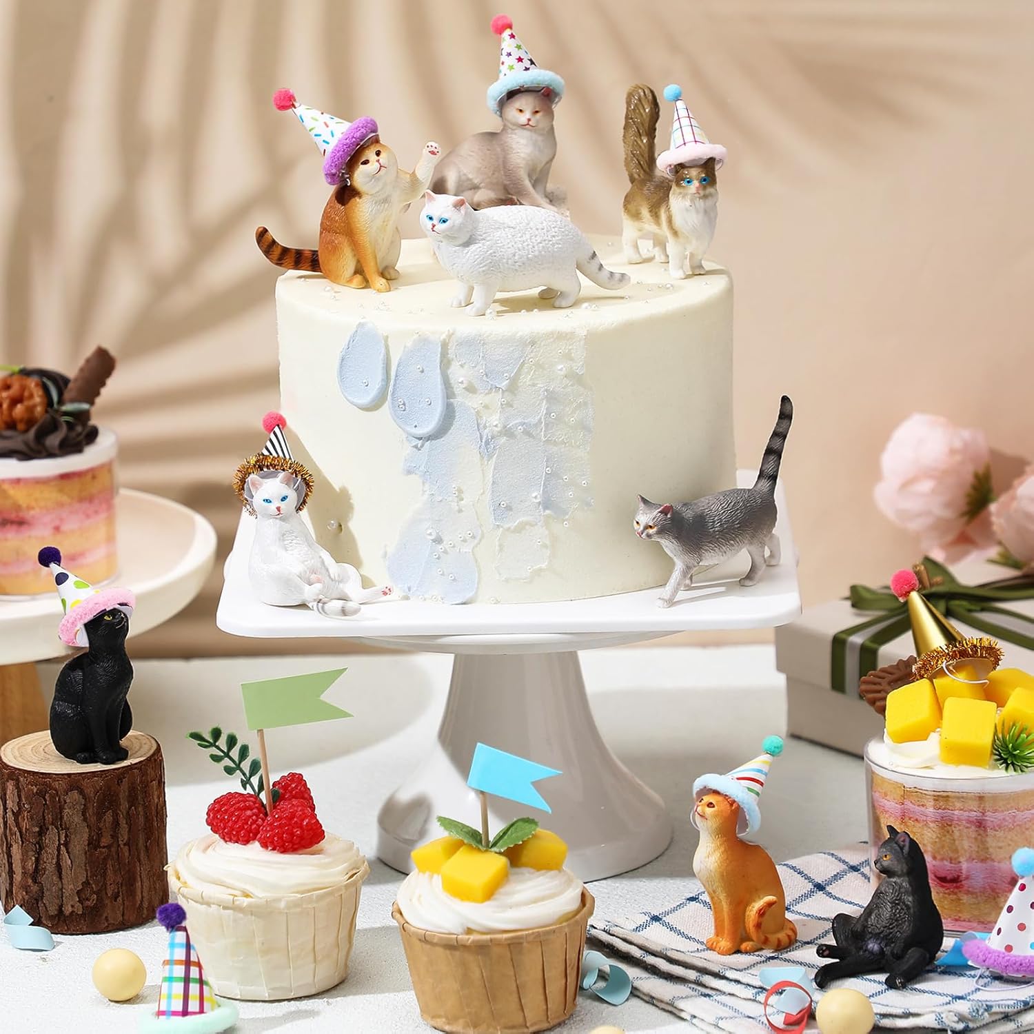 18 Pcs Cat Cake Toppers Figurine Hat Birthday Party Decorations