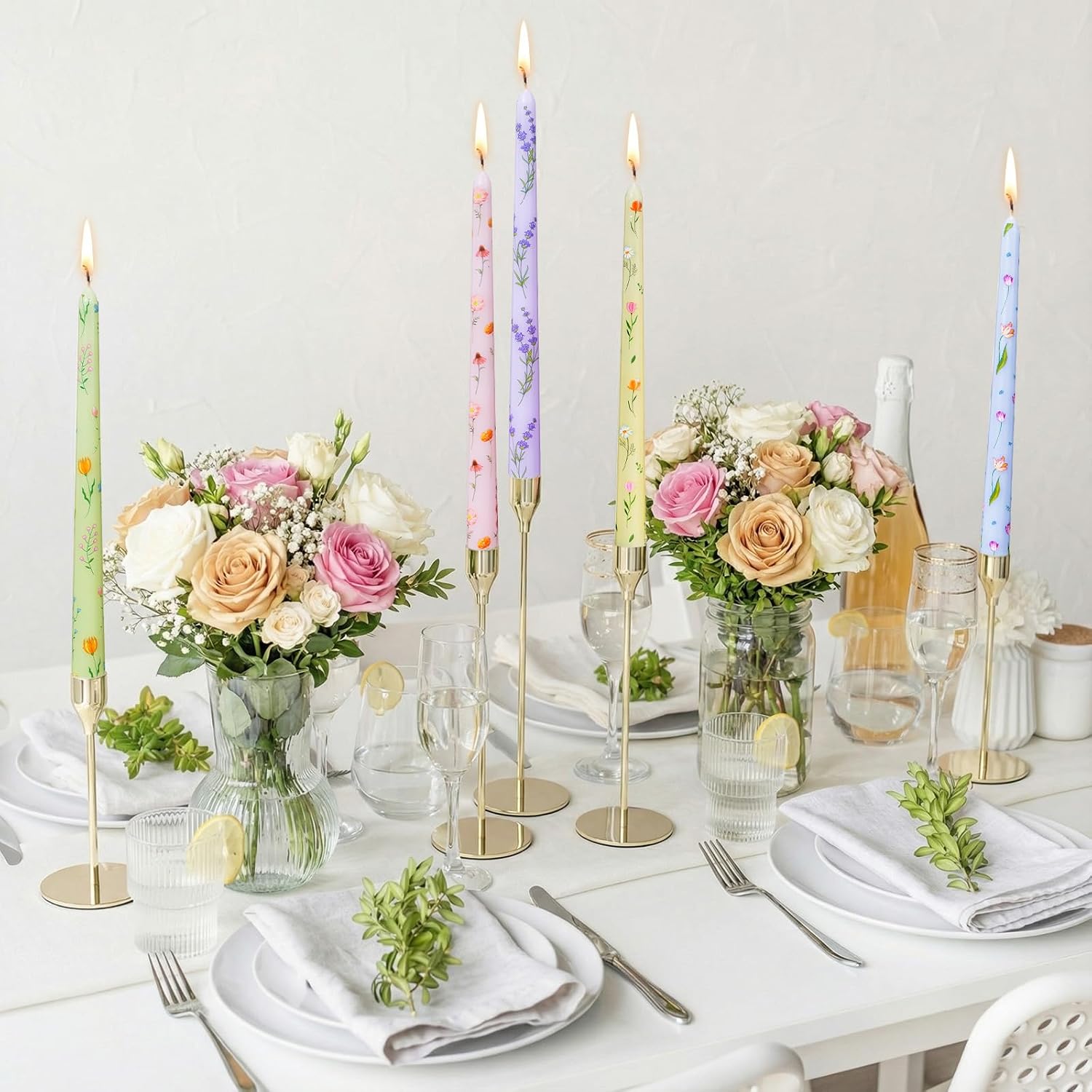 Conelist 12 Pcs 9.8" Floral Long Taper Candles Pastel Flower Candlesticks Tall Smokeless Unscented Decorative Tapered Candles Gifts for Christmas Wedding Home Dinner Party Decorations