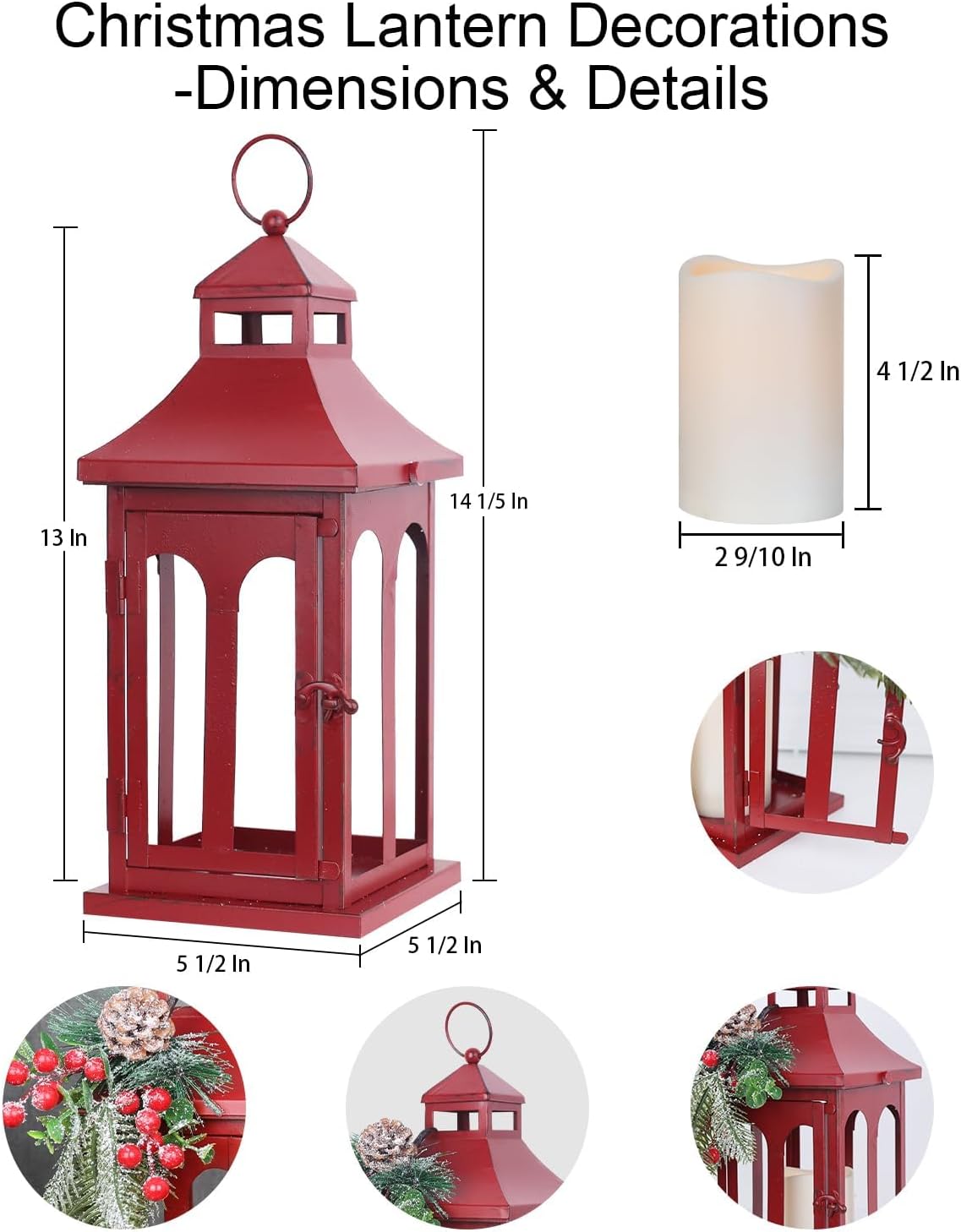 Christmas Decorations for Home, Decorative Christmas Lantern Indoor Outdoor Decor, Metal Hanging Candle Holder with Xmas Teardrop Wreath and LED Candle for Table Centerpieces, Patio (Red)