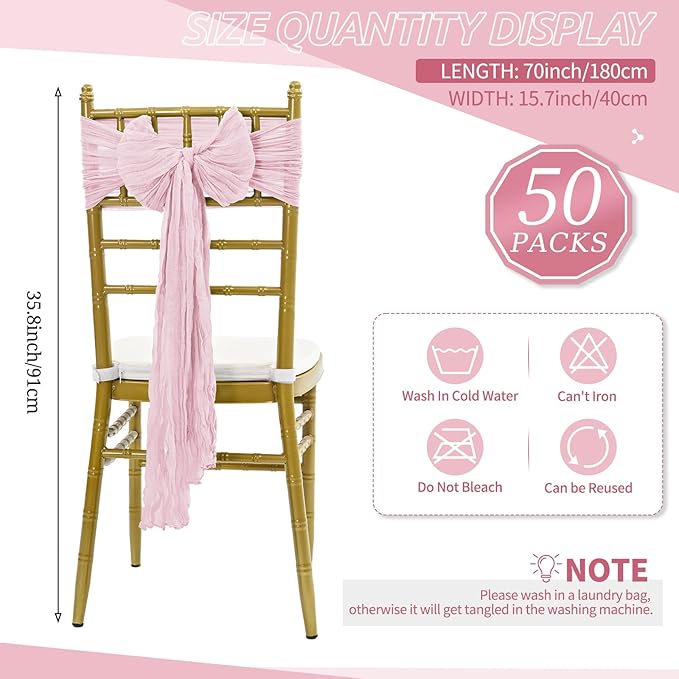50 PCS Cheesecloth Chair Sashes Bows Wedding Aisle Decorations Chair Ribbon Ties Back Sash for Wedding Party Events Banquet Chair Cover Decoration (Light Pink)