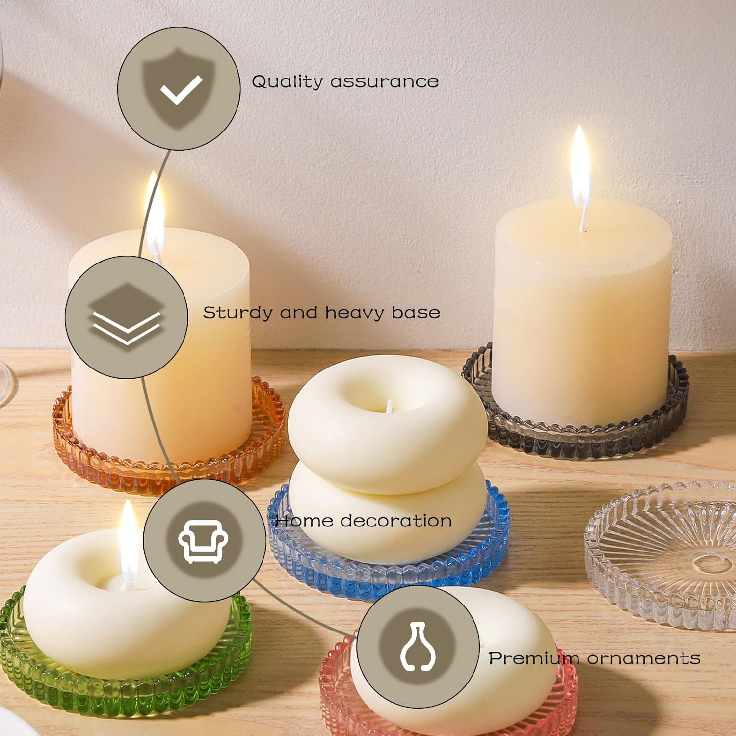 2 Pack Glass Pillar Candle Holders 4 Inch Ribbed Edge Design Decorative Candle Plate with Serrated Edges Clear Pink Display Stand for Wedding Home Decor Table Centerpieces