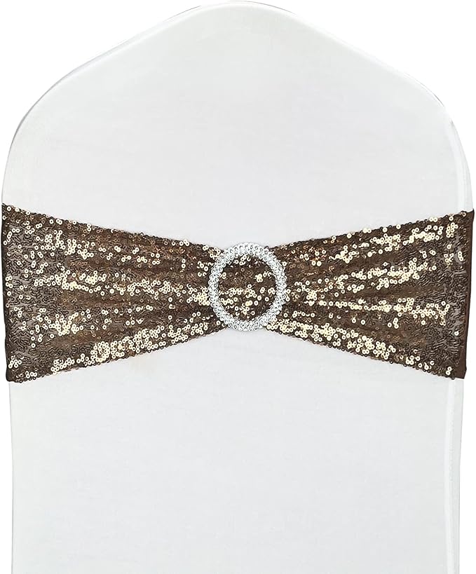 10 Pcs Sequin Chair Sashes Stretch Chair Bands Spandex Polyester Bows for Party Hotel Wedding Banquets Decoration - Coffee
