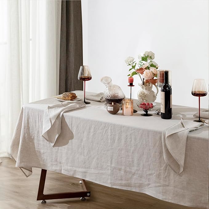 Talasily Linen Tablecloth 100% Pure Linen Table Cloth 60x144 Inches Rectangle Tablecloths Washable Cloths for Kitchen, Dining, Buffet Parties, Holidays, Picnic, Weddings and Restaurants-Natural Linen