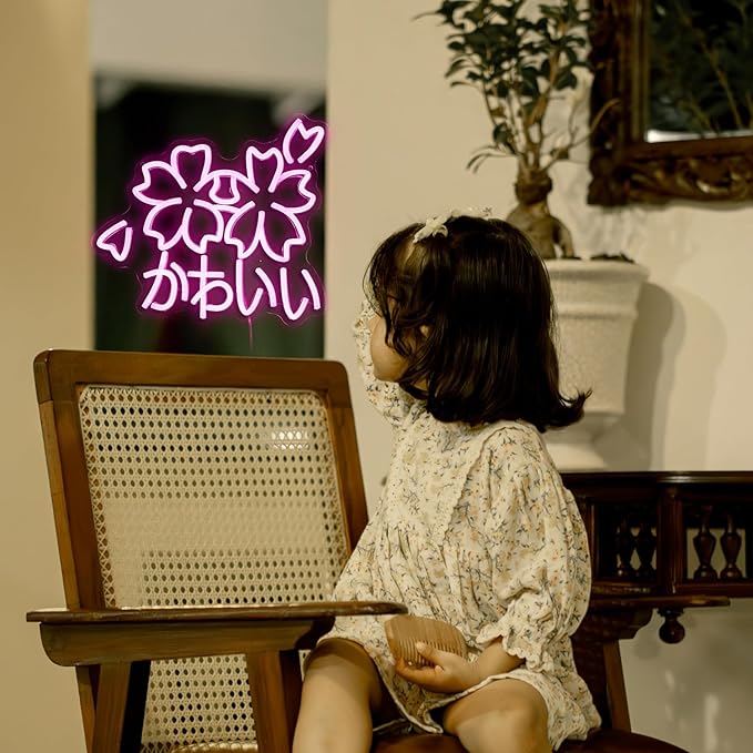 Kawaii かわいいLed Neon Light Sign Japanese Cherry Blossoms Light Up Wall Decor Sign Girls' Room Decoration Birthday Party Christmas Neon Sakura Light (Pink)
