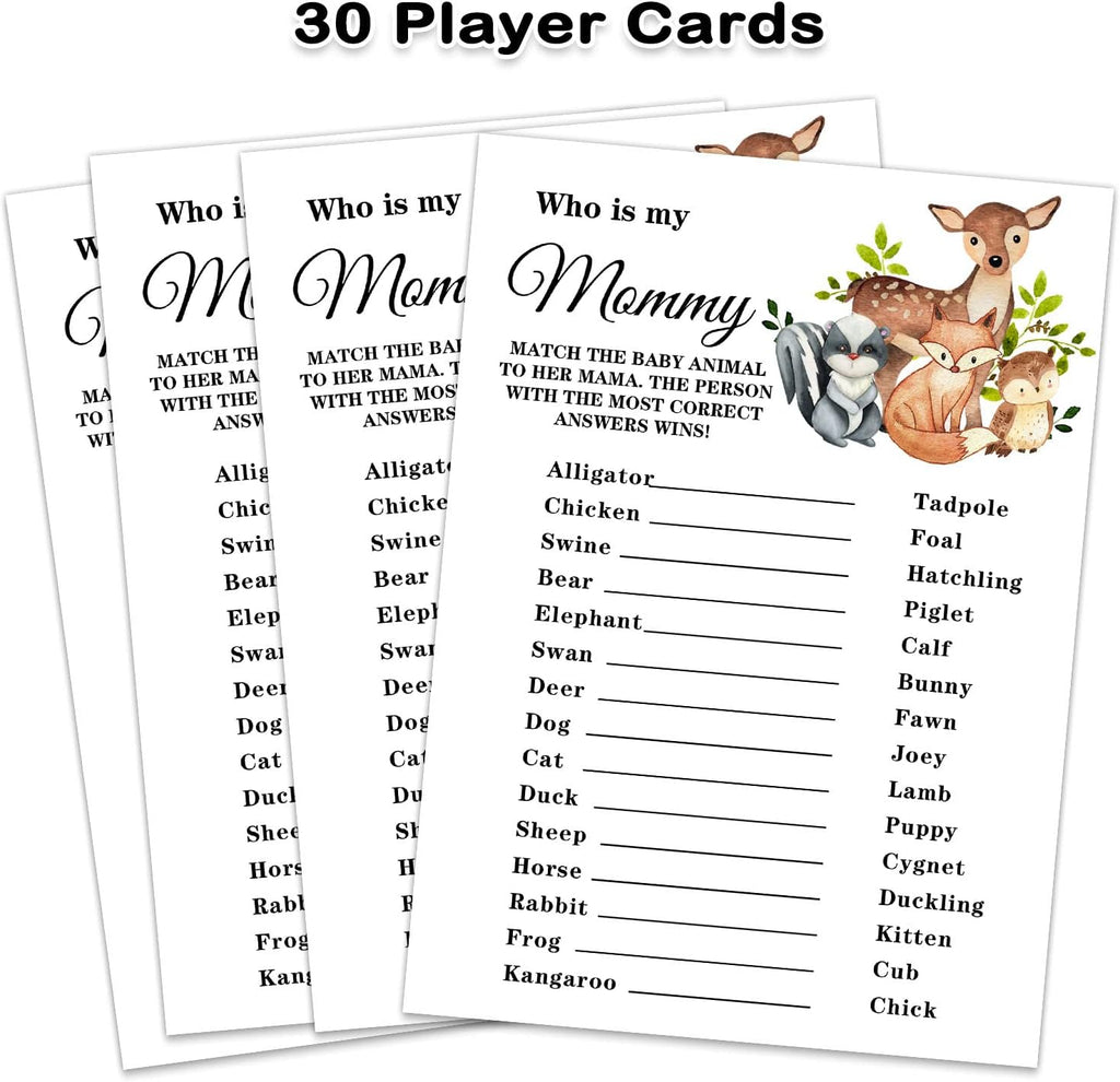 Baby Shower Game Cards, Safari Animals Who is My Mommy Game Card for Baby Shower Party，Funny Icebreak Baby Shower Party Games Ideas Activity for Parent-to-be, Fun and Easy, 30 Cards