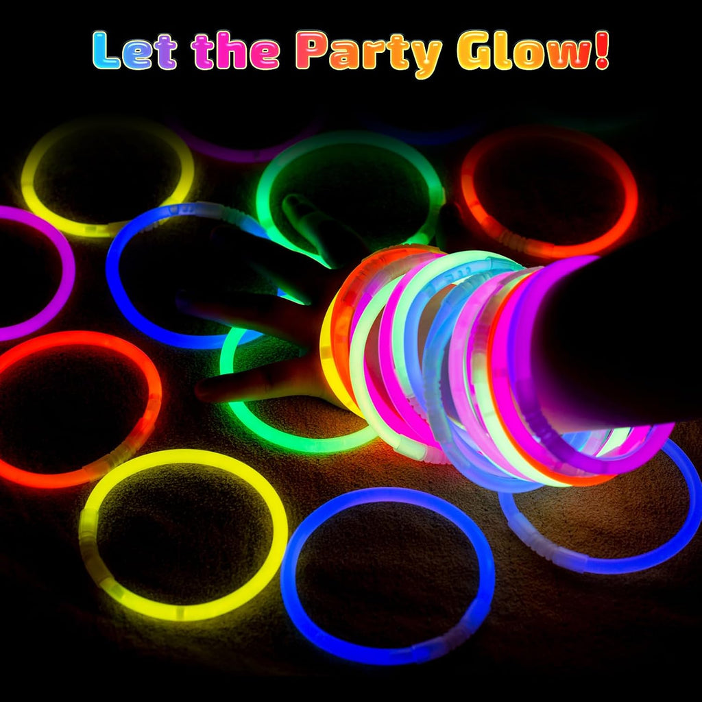 HONLYNE 100 Pack Glow Sticks Party Favors Bulk, 8" Glow in the Dark Party Supplies, Party Favors for Kids 8-12, Neon Glow Stick Bracelets & Necklaces for Raves, Halloween, Christmas, Birthdays
